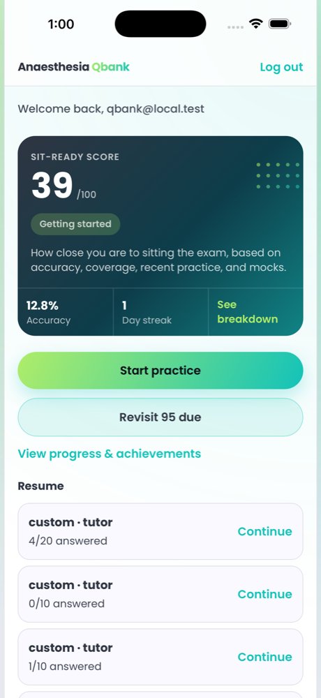The Anaesthesia Qbank home screen showing a Sit-Ready Score of 39 out of 100