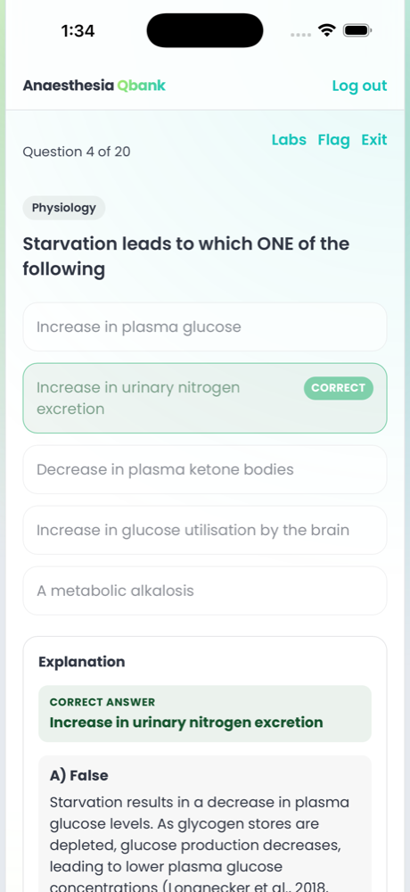 A physiology single-best-answer question with five options